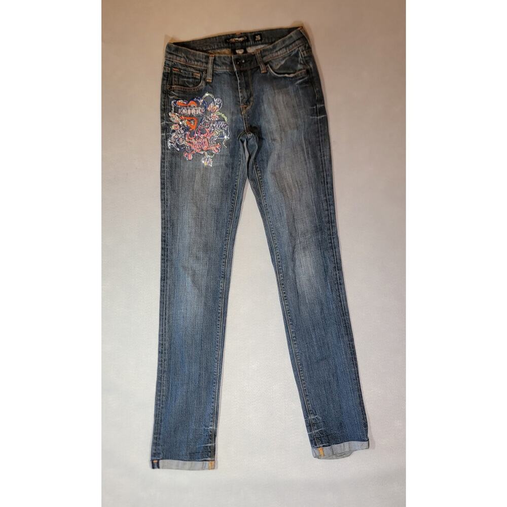 Ed Hardy Love Kills Slowly Embroidered Spellout Skinny Jeans 28 x 33 Y2K Vintage
